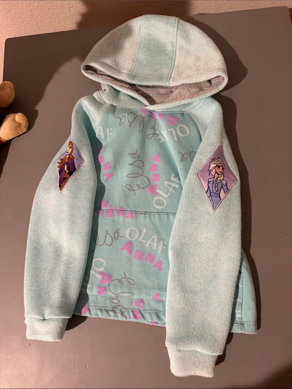 Disney Girls' Hooded Sweatshirt in Light Aqua with Character Patches